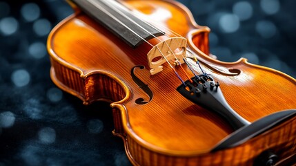 Fototapeta premium Close-up of a polished violin on a dark background.
