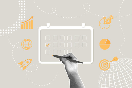 Trendy halftone collage. Business concept, calendar of activities, improve efficiency, appointment schedule, personal organizer. Using a personal organizer to schedule meetings and events digitally