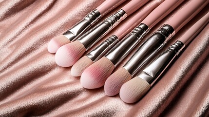 A set of pink and silver makeup brushes arranged neatly on a luxurious velvet fabric backdrop