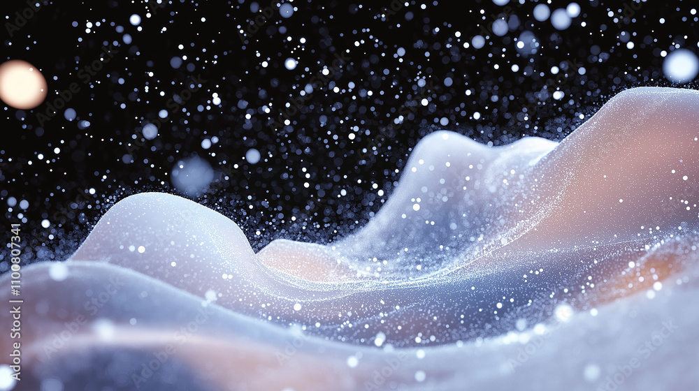 Wall mural abstract background showing wavy surface covered with sparkling particles falling on black backgroun