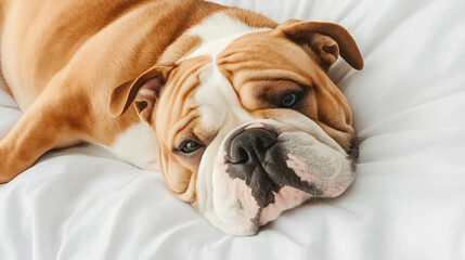 Bulldog puppy is lying on white bed sheets and relaxing