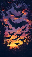 Dramatic Bat Silhouettes Dancing in Vibrant Sunset Sky