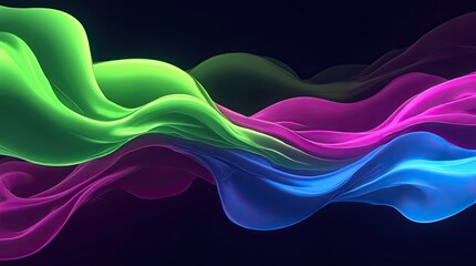 Obraz premium Abstract Neon Wave: Vibrant Green Pink Blue Swirls in Dark Background Digital Art
