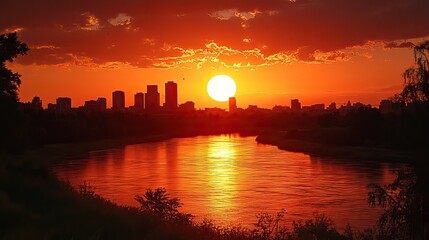 Fototapeta premium A cityscape skyline glows under a scorching summer sunset, dramatically illustrating the effects of climate change.