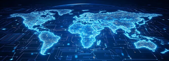 A sleek, digital map of the world, glowing in blue hues, set against a futuristic background with the Earth at the center. The map is made of interconnected lines and illuminated data points,