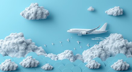 3D rendering of airplane flying in blue sky with smoke clouds minimal design travel vacation trip...