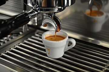 Espresso pouring into a small cup from a professional espresso machine. Perfect for coffee shop menus or beverage websites.