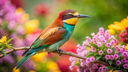 Fototapeta premium Vibrant European Bee-Eater in a Colorful Natural Habitat, Capturing the Essence of Spring with Lush Greenery and Bright Blossoms, Showcasing Nature's Beauty and Wildlife Diversity