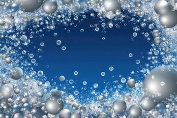 A mesmerizing assortment of silver spheres and bubbles emerges against a deep blue backdrop, evoking a serene winter ambiance filled with texture and intrigue