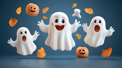Obraz premium Eerie ghosts and pumpkins a glow-in-the-dark halloween delight with floating spirits under a moonlit sky