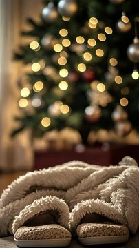 Cozy evening by the Christmas tree with soft blanket and warm slippers in a festive atmosphere