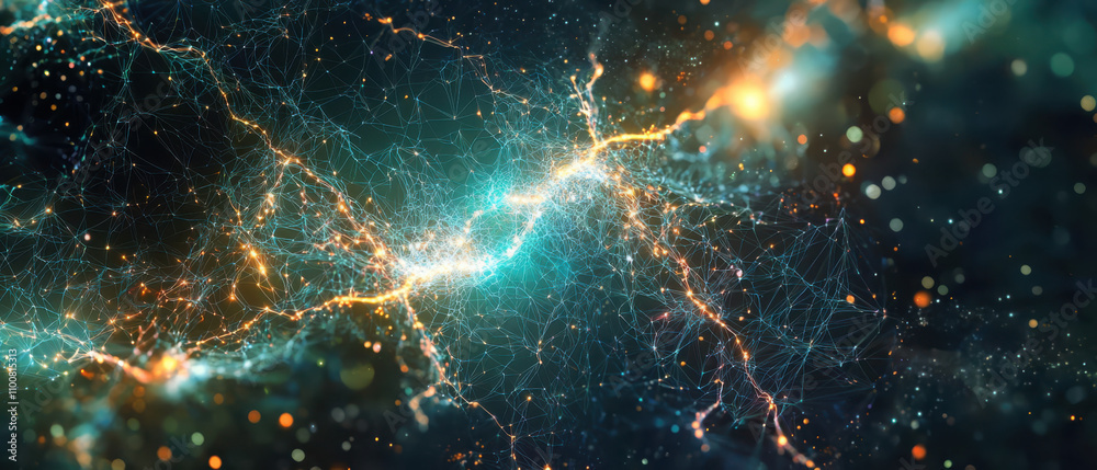 Poster exploring digital mesh design glowing circuit nodes in a deep cyber web environment for innovative t