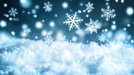 Delicate snowflakes fall gracefully, creating a tranquil winter atmosphere enriched by a soft, glowing backdrop. A whimsical landscape comes alive with the chill of the season