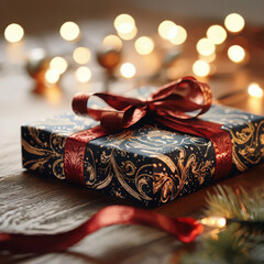 Festive present arrangement with brocade wrapping and scarlet ribbon under twinkling lights for holiday celebration