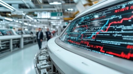 Naklejka premium Red alarm lights flashing on a digital stock board in a modern industrial setting signifying market volatility and urgency