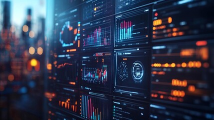 Fototapeta premium Close-up of a big data screen displaying oil and gas theme charts, graphs, and icons, with a blurred industrial factory background illuminated by blue hour lighting and bokeh effects.
