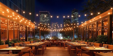 Outdoor Night Restaurant with Photorealistic CGI Featuring Wooden Tables String Lights Urban High-Rise Modern Buildings