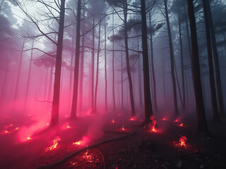 Fototapeta premium Abstract pink fire with glowing embers against a forest background, landscape, vibrant