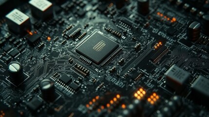Fototapeta premium Close up of electronic circuit board, showcasing black chips and presenting high-tech technology in detail. Taken at high resolution, with rich details and color grading, the focus is clear.