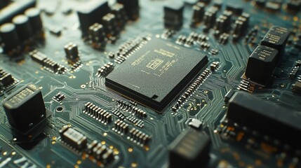 Close up of electronic circuit board, showcasing black chips and presenting high-tech technology in detail. Taken at high resolution, with rich details and color grading, the focus is clear.