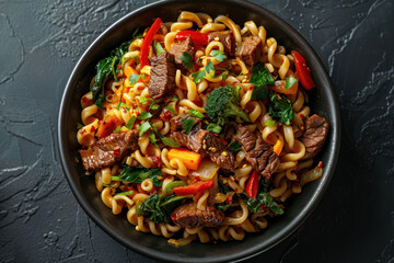 Fototapeta premium fried noodles with vegetables and beef in a black bowl. ,. 