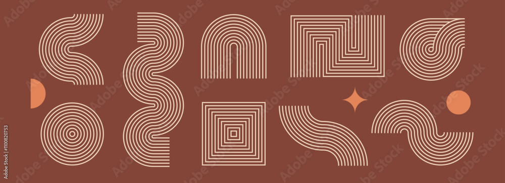 Poster Boho linear element set. Brown beige wave and arch form design. Middle century curves and arcs collection. Bohemian decorative ornamental shape bundle for badge, icon, poster, banner, template. Vector