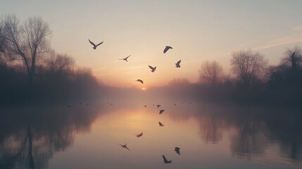 Obraz premium Birds fly over misty lake at sunrise. Perfect for peace, serenity, and nature themes.