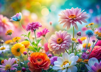 Fototapeta premium Vibrant Watercolor Flowers on a White Background with Tilt-Shift Effect in Ultra HD 4K Resolution for Stunning Visual Appeal and Artistic Display