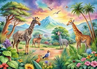 Fototapeta premium Vibrant Watercolor Landscape Featuring Giraffe, Turtle, Leopard, Zebra, Monkey, Lush Plants, Majestic Mountains, and Soft Clouds in an Isolated Natural Setting