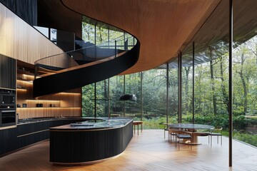 Fototapeta premium Designing innovative kitchen spaces vertical timber details curved furniture noir surfaces natural elements modern architecture