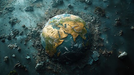 A digitally generated image portrays a devastated world, emphasizing the urgency of addressing environmental issues and the impact of human actions on the planet.