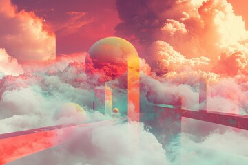 Abstract Sky with Geometric Shapes and Clouds