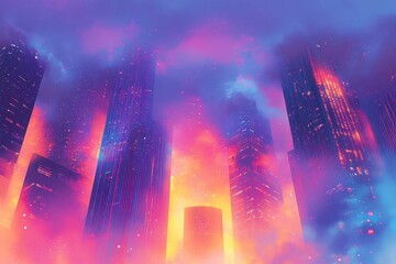 Cityscape with Skyscrapers in Pink and Blue Hues Under a Misty Sky