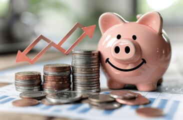 Smiling piggy bank with growing coins stack and upward arrow for financial growth and savings
