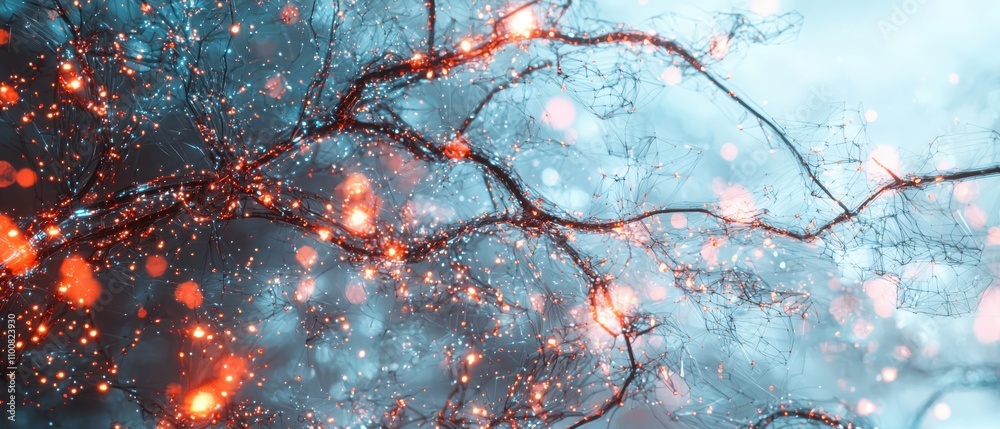 Poster exploring digital mesh design glowing circuit nodes in a deep cyber tech environment