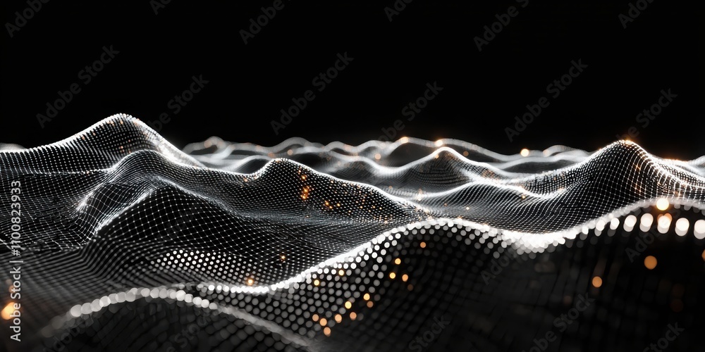 Poster visualizing digital wireframe text connected by light points in an electronic mesh technology enviro