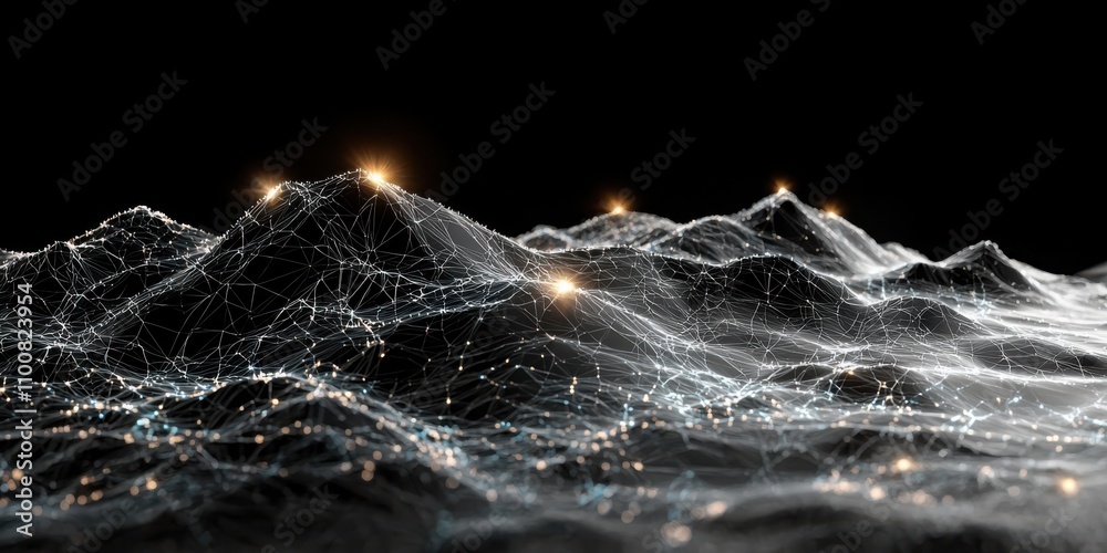 Poster exploring digital wireframe text and light points in an electronic mesh environment a technological 