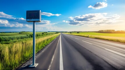 Empty road stretching into the distance with a speed monitoring device installed, emphasizing the importance of safety and adherence to traffic regulations.