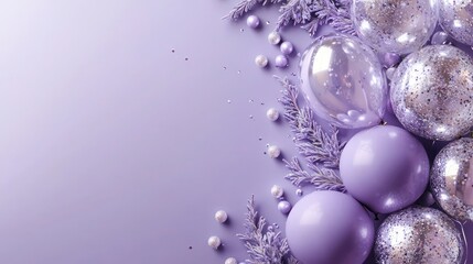Champagne balloons on plum purple background, with soft lavender and silver accents for a refined, sophisticated New Year theme. Depth and contrast enhance elegance.