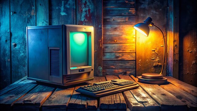 Vintage Computer Setup with Dial-Up Modem on a Rustic Wooden Desk in Night Photography, Capturing the Nostalgic Essence of Early Internet Technology