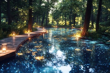 Exploring enchanted waterway with glowing bioluminescent lotus flowers in a magical forest night ambiance