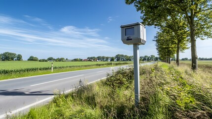 Empty road stretching into the distance with a speed monitoring device installed, emphasizing the importance of safety and adherence to traffic regulations.