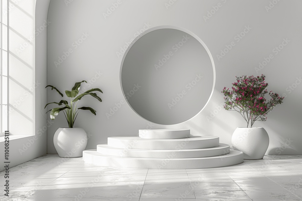 Poster minimalist white studio room with spotlight and flat floor for product display