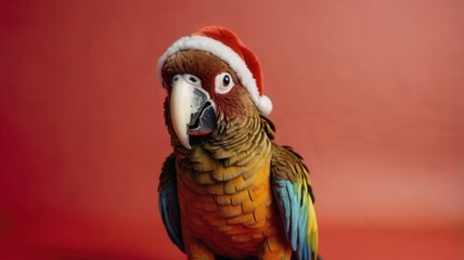 Fototapeta premium bird, parrot, animal, beak, isolated, green, red, nature, tropical, cute, feather, pet, santa, cartoon, christmas, colorful, yellow, white, macaw, blue, wildlife, vector, wild, illustration, exotic