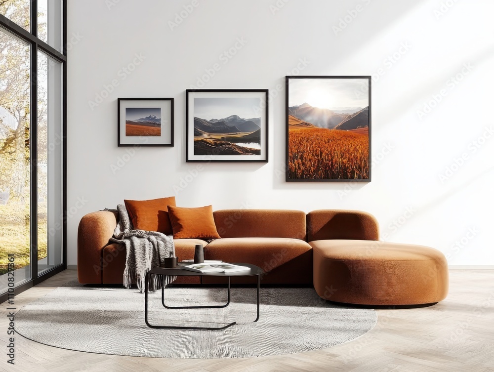 Poster creating a minimal gallery wall scene with black frames rounded sofa forms in a morning setting