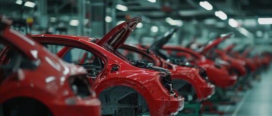 A series of red car bodies lined up in a factory showcasing an automotive assembly process with a focus on manufacturing