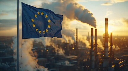 A European flag waves in front of a factory chimney emitting smoke, symbolizing pollution and environmental concerns.