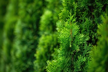 Fototapeta premium Vibrant green cedar tree foliage closeup. Ideal for nature, garden, or environmental themes.