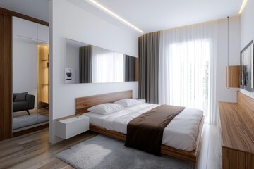 Transforming living space modern minimalist apartment with white walls and walnut accents urban setting interior design serene atmosphere contemporary concept