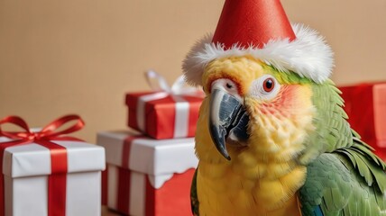Fototapeta premium bird, parrot, animal, beak, isolated, green, red, nature, tropical, cute, feather, pet, santa, cartoon, christmas, colorful, yellow, white, macaw, blue, wildlife, vector, wild, illustration, exotic